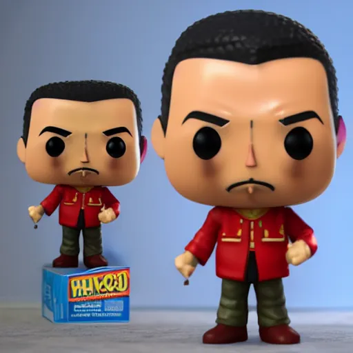 Image similar to 3 d render of funko pop figurine of hugo chavez. realistic. photo. photorealistic. detailed. high quality. high resolution. lossless quality. lossless. 8 k. hdr. 4 k. 8 k resolution. 1 6 k resolution