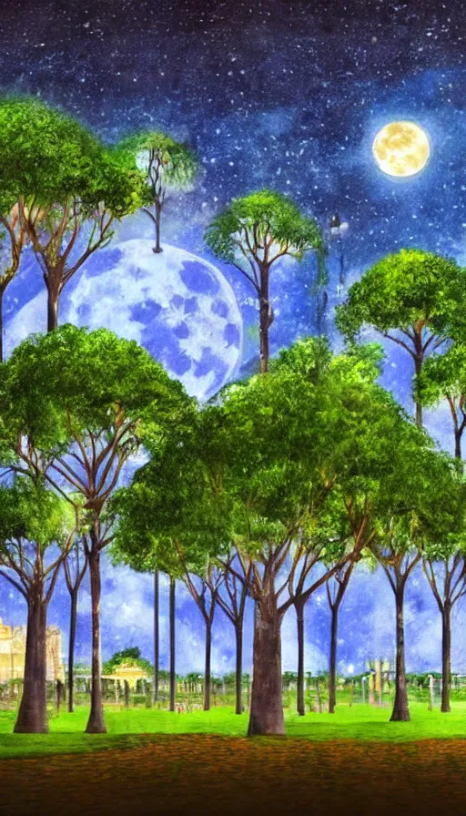 Image similar to a city park in Merida Yucatan Mexico with Ceiba trees and a full moon. fantasy illustration
