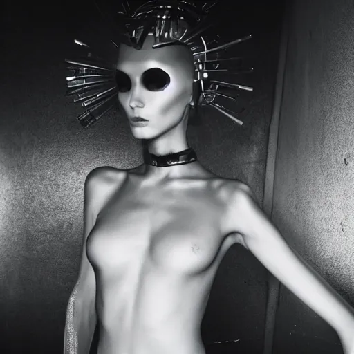 Image similar to fashion photography of an extraterrestrial model, wearing demobaza fashion, inside berghain, berlin fashion,, futuristic fashion, dark minimal outfit, photo 3 5 mm leica, hyperdetail, berghain, 8 k, very detailed, photo by nick knight