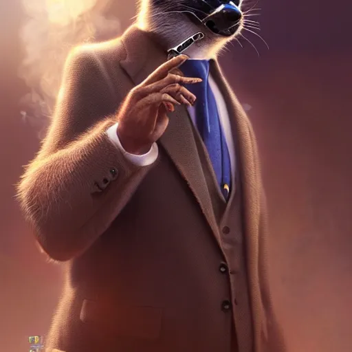 Image similar to a racoon wearing a suit smoking a cigar on his mouth, dramatic lighting, cinematic, establishing shot, extremly high detail, photorealistic, cinematic lighting, artstation, style by James Gurney