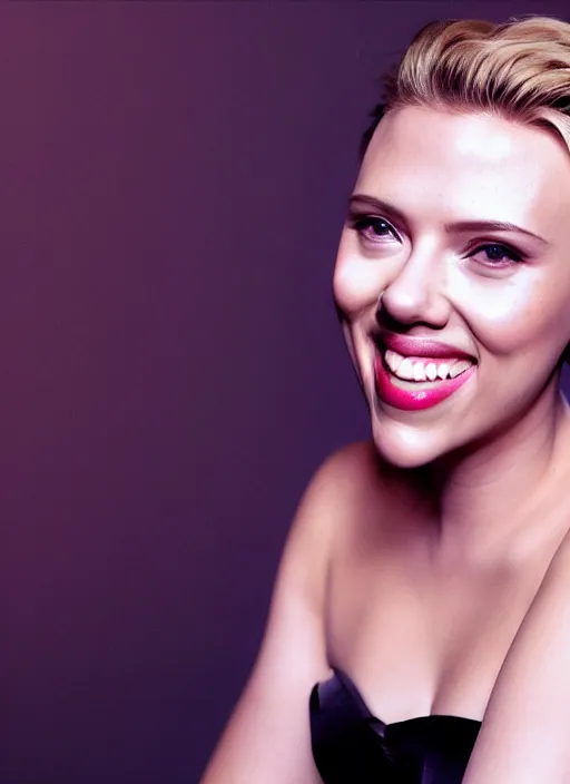 Prompt: scarlett johansson smiling at the camera while putting makeup on her face, real photo, photoshooting, studio light, black background, intricate, epic lighting, cinematic composition, hyper realistic, 8k resolution, unreal engine 5