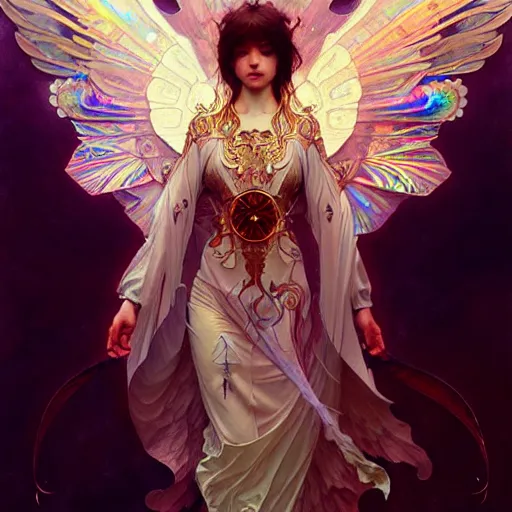 Image similar to iridescent seraphim covered with eyes and wings, photorealistic, fantasy, intricate, elegant, highly detailed, digital painting, artstation, concept art, smooth, sharp focus, illustration, art by Krenz Cushart and Artem Demura and alphonse mucha