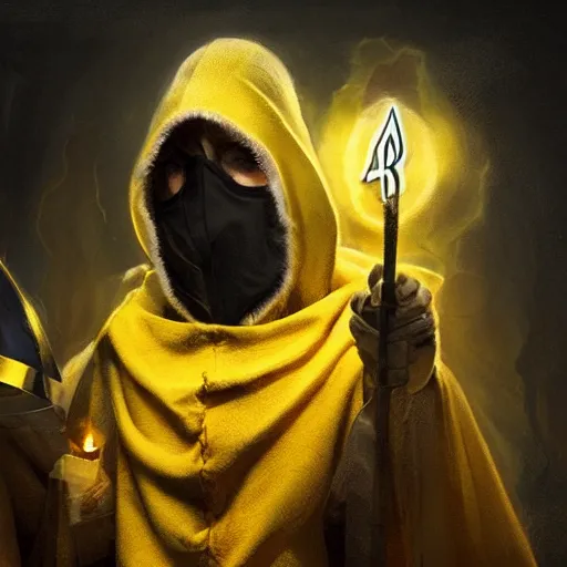 Image similar to award - winning. trending on artstation. cinematic. 4 k. a person wearing hooded frayed yellow robes and an eerie steel mask casting a spell while yellow magic runes float behind them. dark background