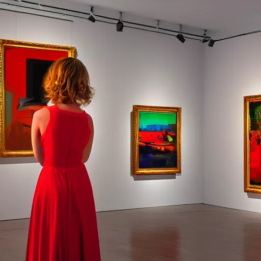 Prompt: a gorgeous girl with a red dress waiting inside a 8 0 s art gallery exhibition, vibrant colors americana, cinematic, volumetric lighting, ultra wide angle view, realistic, detailed painting in the style of edward hopper