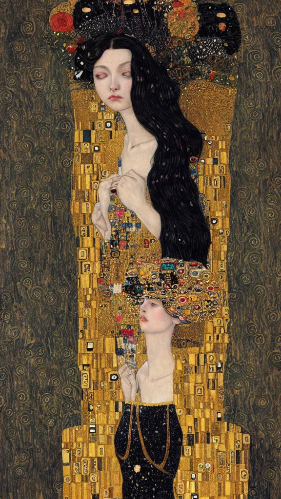 Image similar to a soft and breathtaking detailed painting of a beautiful black haired woman with pale skin and a crown on her head sitted on an intricate metal throne in the style of gustav klimt, blonde hair, shiny gold, elegant, highly detailed, artstation, fluo colors, concept art, matte, sharp focus, art by gustav klimt