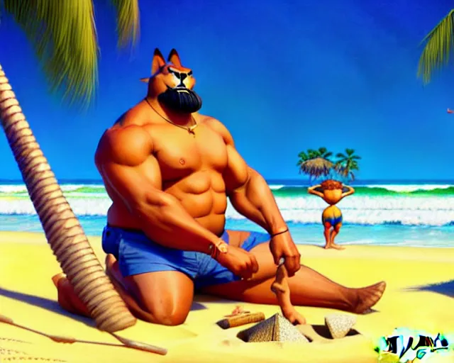 Image similar to muscular gandhi at the beach, sitting on the sand next to a campfire, with palm trees in the back, by artgerm, ilya kuvshinov katsuhiro villeneuve, jeremy lipkin and michael garmash and rob rey, disney pixar zootopia, by tristan eaton, stanley artgermm, tom bagshaw, greg rutkowski, carne griffiths