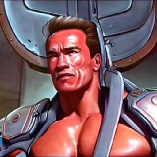 Image similar to a screenshot of arnold schwarzenegger as genji in overwatch, detailed, hyper realistic, award winning photo