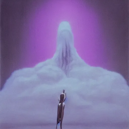 Image similar to kanye west as a zdzisław beksinski painting, surreal, godlike, neon purple shading