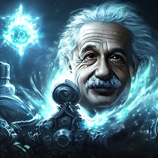 Image similar to portrait of albert einstein as a spellcaster, league of legends amazing splashscreen artwork, gears of war, splash art, natural light, elegant, photorealistic facial features, intricate, fantasy, detailed face, atmospheric lighting, anamorphic lens flare, cinematic lighting, league of legends splash art, hd wallpaper, ultra high details by greg rutkowski