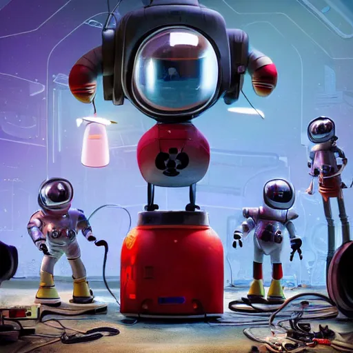 Image similar to nine austronauts in spacesuits, repairing a mickey mouse robot head held down by a crane, in a garage owned by netflix, dark dystopian environment, with cyan lights lighting the foreground and red lights in the background, made by beeple, sigma 5 0 mm