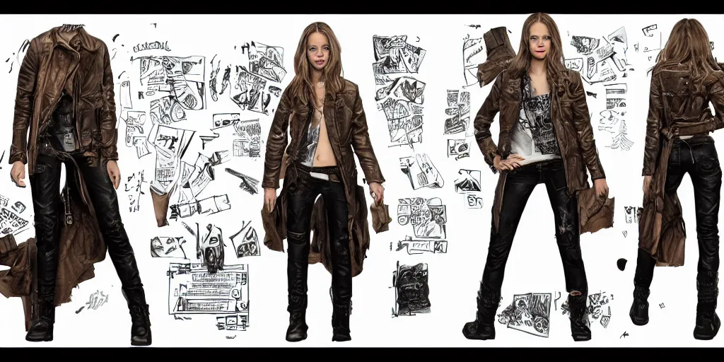 Image similar to halston sage as a tattooed wanderer, wearing scratched and ripped short leather jeans, wearing an aviator jacket with a smiley stamp on its back, character sheet, fine details, props, concept design, contrast, kim jung gi, greg rutkowski, trending on artstation, 8 k, full body, turnaround, front, back, ultra wide angle