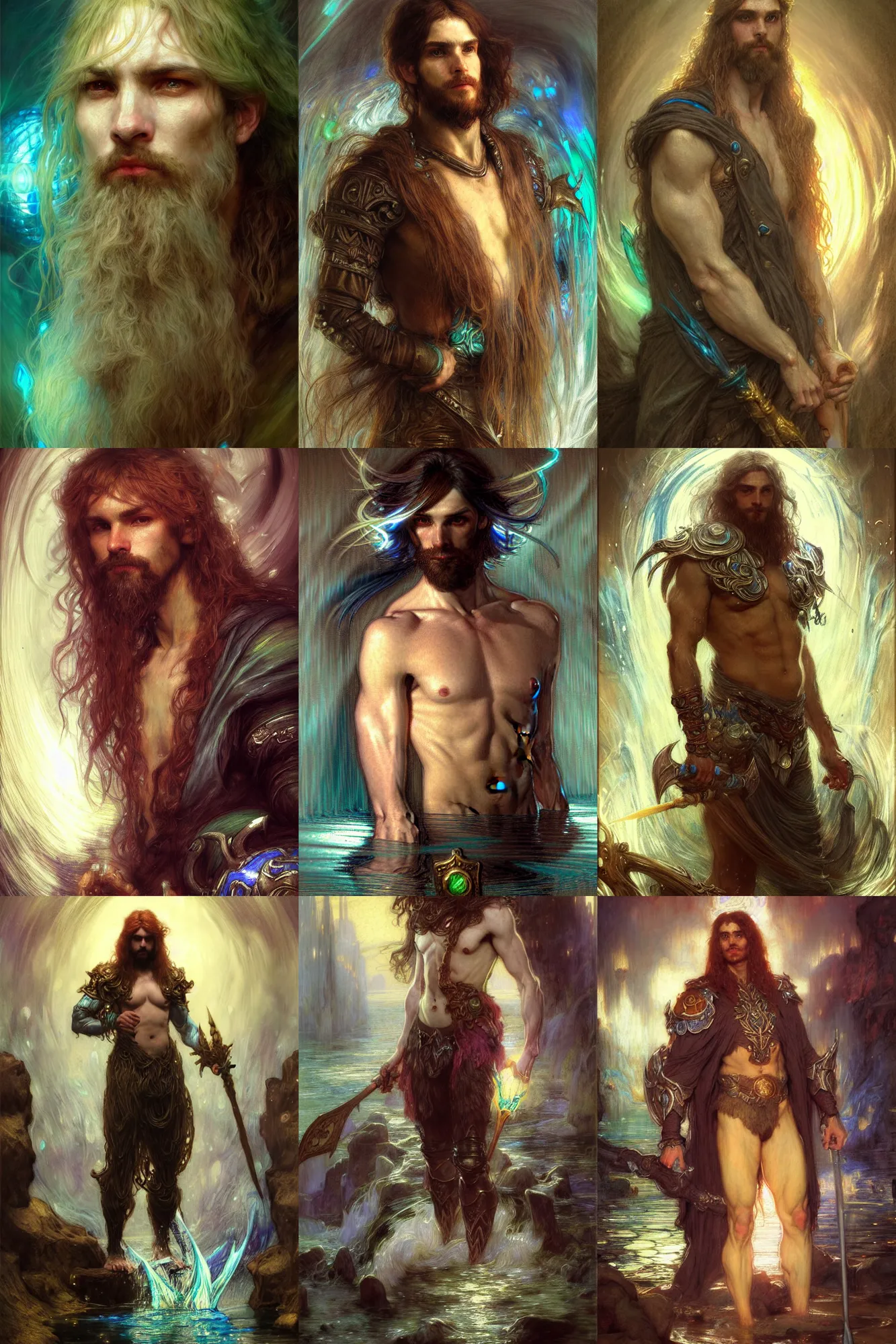 Prompt: realistic portrait beautiful concept art of a male wizard of the water element league of legend character, created by gaston bussiere and john everett millais, john william waterhouse, high detailed, smooth draw, synthwave neon retro, intricate, soft light, soft mood, trending on artstation