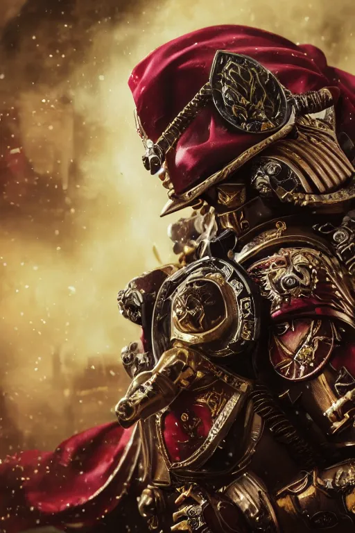 Image similar to a portrait of a adepta sororitas, warhammer 4 0 k setting, dynamic pose, close - up, intricate details, intricately detailed clothing, intricate textures, warm lighting, vivid colors, smoke and mist, realistic octane render, hyper realistic render, volumetric shading, depth of field, raytracing, 8 k,