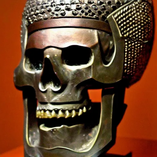 Prompt: skull with a ancient japanese samurai helmet, old bronze statue, intricate detail, full shot, museum lighting, ultra detailed,