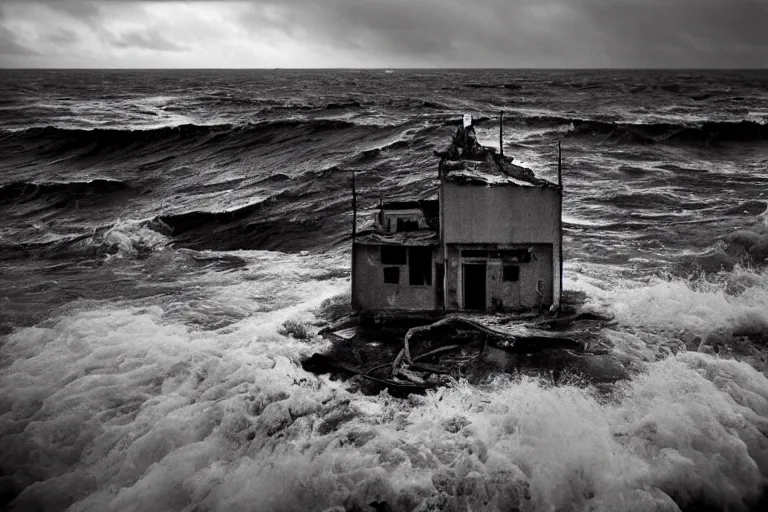 Image similar to danila tkachenko, low key lighting, an abandoned high soviet apartment building in the middle of the stormy ocean, a shipwreck, storm, lighning storm, crashing waves, dramatic lighting