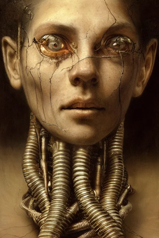 Prompt: beautiful oil clean painting biomechanical portrait face with eyes connected with cables to complex machine by gustave dore, wayne barlowe, rembrandt, complex, stunning, realistic skin color, 4 k, high res, awardwinning, masterpiece, realistic lighting