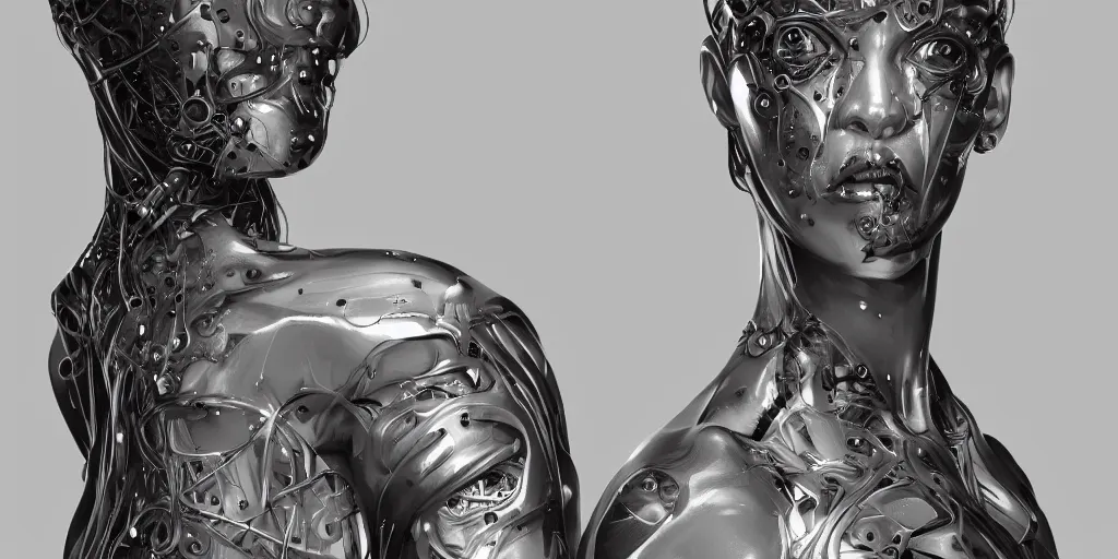Image similar to photorealistic gorgeous symmetrical female cyborg, holding intimately, highly detailed, arms, knees, back, intricate, filigree, in the style of beth cavener, jin kagetsu, wlop, masterpiece, concept art, high key lighting, ambient lighting, octane render, 8 k, artstation