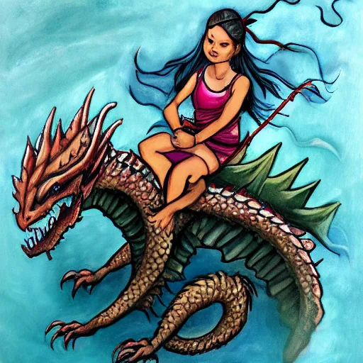 Prompt: a girl riding a dragon, trending on artststion