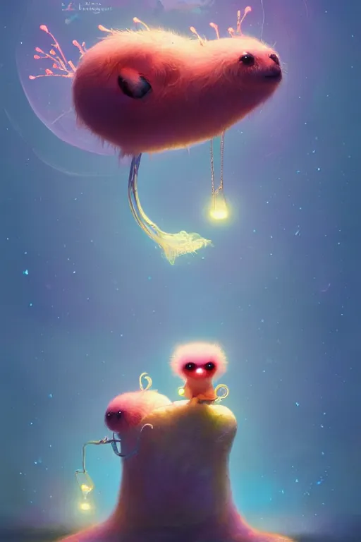 Image similar to a surreal Bioluminescent, cute, creature in a happy world by Daniel Merriam, Trending on Artstation, oil on Canvas by Elena Zhurikhina and Goro Fujita and Charlie Bowater, octane render trending on artstation, 4k, 8k, HD