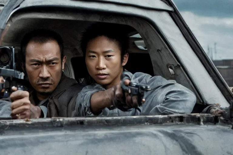 Image similar to movie diverse interracial team of Japanese robbers armed with rifles interior van, beautiful skin, natural lighting by Emmanuel Lubezki