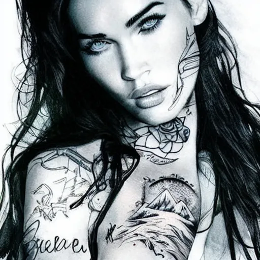 Image similar to megan fox beautiful mountains, double exposure effect, medium sized tattoo sketch, amazing detail, on pinterest