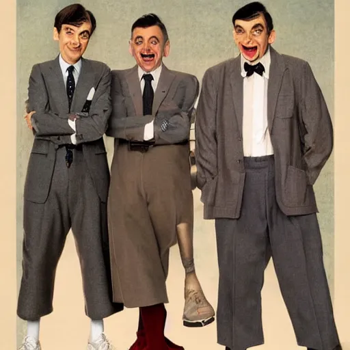 Image similar to mr. bean in a boy band and everyone is mr. bean hyperrealism photo - realistic by norman rockwell and 8 k