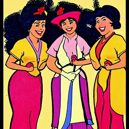 Image similar to Hispanic cleaning ladies from a 1900s Disney cartoon animated film, singing and dancing with the birds and deer in a Spanish favela