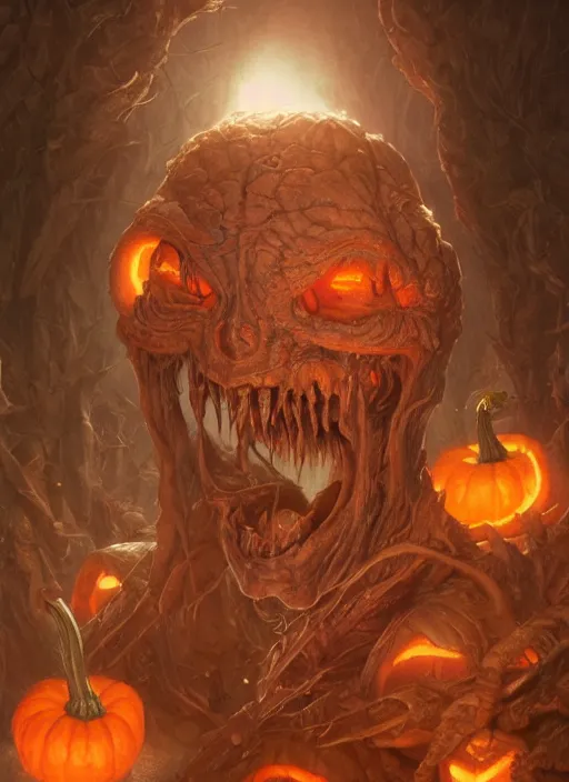 Prompt: highly detailed portrait of pumpkinhead, realistic, horror, fantasy art by greg rutkowski, stanley artgerm, loish, rhads, tom bagshaw, global illumination, radiant light, detailed and intricate environment