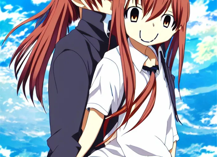 Prompt: An anime character hugging face.. kadokawa light novel cover