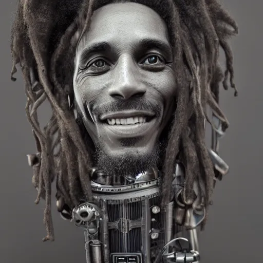 Image similar to steampunk portrait of bob marley, natural, hyper detailed, digital art, trending in artstation, cinematic lighting, studio quality, smooth render, unreal engine 5 rendered, octane rendered, art style by klimt and nixeu and ian sprigger and wlop and krenz cushart.