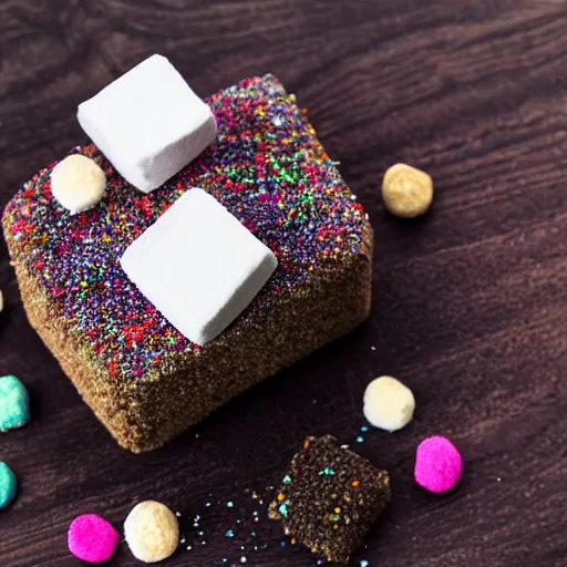 Image similar to photograph of delicious fluffy marshmallow cube with sprinkles on a dark wooden chopping board, pastel colours, professional food photography, photorealistic, depth of field, 4 k, canon 1 d, bohek