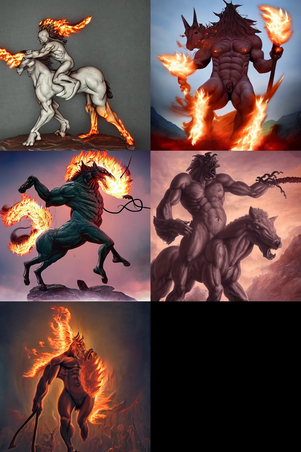 Prompt: giant centaur demon with ten torsos breathing fire