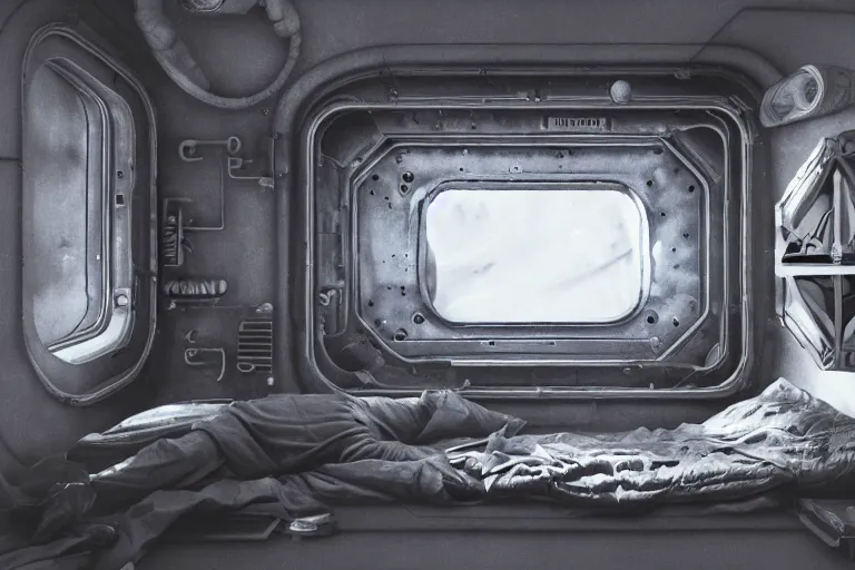 Prompt: small sleeping quarters inside rocket ship with gray metallic factory engine walls and small window looking into space, details, sharp focus, intricate, high definition, movie set, retro, 1970s, 1980s, sci-fi, digital Art, 3D, realistic photograph, lucasfilm