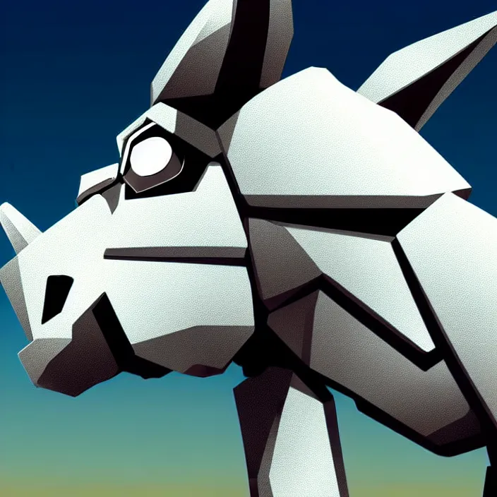 Prompt: evil robotic donkey is heroically looking into the camera blurry background 2 d digital vector art highly realistic highly detailed medium shot low angle