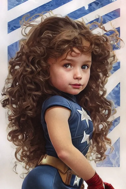 Prompt: a little girl with a michievous face and light brown curly wavy hair. she is dressed as captain america, spider - man, batman, captain marvel, a superhero. clean elegant painting, beautiful detailed face. by artgerm and greg rutkowski and alphonse mucha