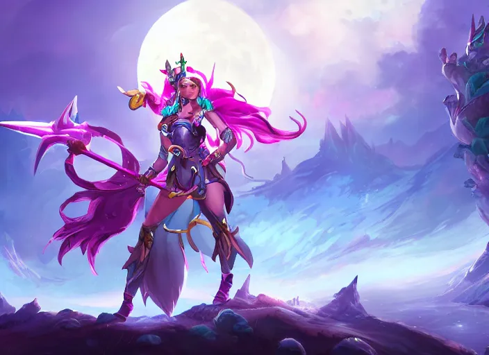 Prompt: moon princess in battle concept art, digital illustration, trending on artstation, epic composition, scenic background, 8 k uhd, masterpiece, league of legends splash art, highly detailed, perfect lineart