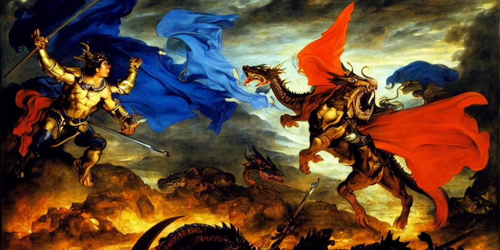 Image similar to knight holding a shield, fighting a dragon breathing fire, palette orange and blue, blue light behind dragon, realistic, rim lighting, cinematic lighting, art by eugene delacroix, raphael, peter paul rubens