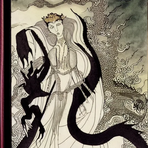 Image similar to the dragon lord of dreams watercolour painting by Aubrey Beardsley