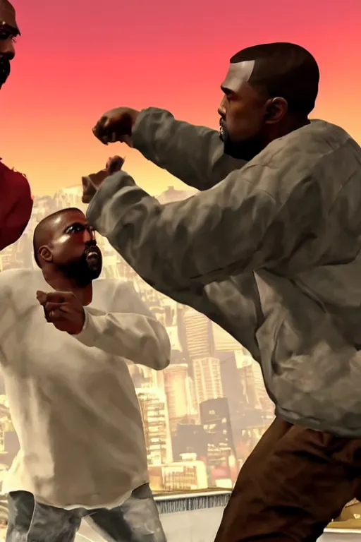Prompt: kanye west having a fistfight with lester crest from gta v, gameplay, grand theft auto v, strong dramatic cinematic lighting, blood red sky, smooth, sharp focus, extremely detailed