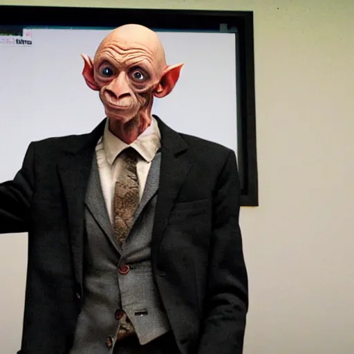 Image similar to photo of gollum from lord of the rings, wearing a suit, giving a presentation in a formal business meeting,