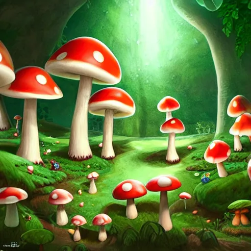 Prompt: mushroom kingdom from mario, digital art, giant green and white spotted mushrooms, at night, exotic flowers and plants, sprites, irina french, cinematic lighting, heraldo ortega, mandy jurgens trending on artstation 8 k 1 5 0 mpx