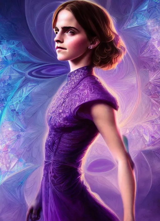 Prompt: portrait of emma watson, fractal glowing diagram bckground, intricate purple dress, digital art by artgerm and karol bak, cinematic lighting, trending on artstation