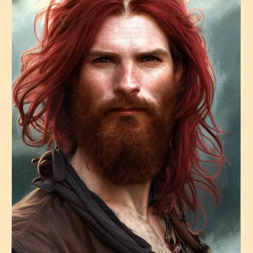 Prompt: portrait of a young ruggedly handsome but joyful pirate, male, masculine, soft hair, upper body, red crimson crimson hair, long flowing hair, fantasy, wide smirk, intricate, elegant, highly detailed, digital painting, artstation, concept art, matte, sharp focus, illustration, art by artgerm and greg rutkowski and alphonse mucha