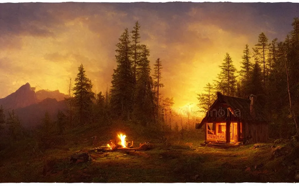 Prompt: small wood cabin with a small campfire on the edge of a forest overlooking a beautiful valley at dusk, sunset in the distance, mountainous backdrop, cinematic lighting, intricate ink illustration, by albert bierstadt