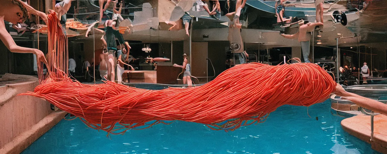 Image similar to a pool filled with spaghetti, marinara sauce coming down a slide, party, canon 5 0 mm, cinematic lighting, photography, retro, film, kodachrome