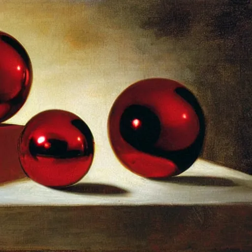 Prompt: chrome spheres on a red cube by gerard van honthorst