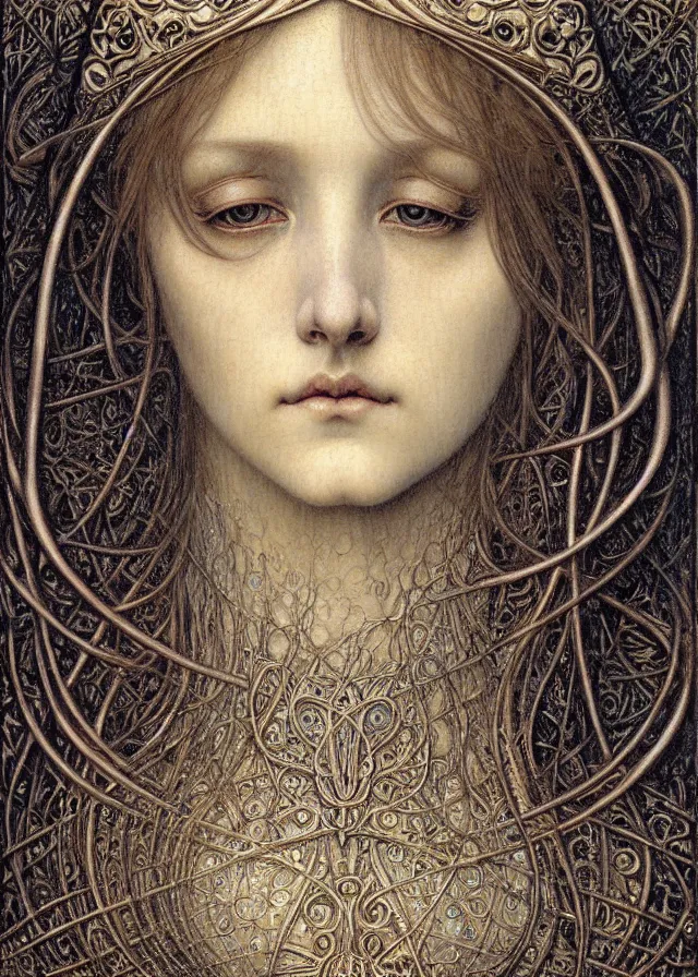 Image similar to detailed realistic beautiful young medieval queen face portrait by jean delville, gustave dore and marco mazzoni, art nouveau, symbolist, visionary, gothic, pre - raphaelite. horizontal symmetry