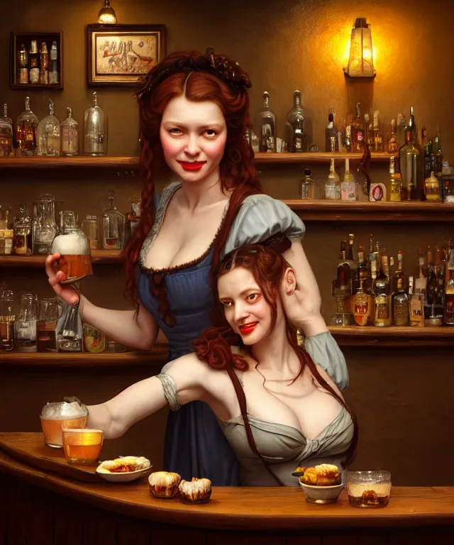 Image similar to hyperrealistic mixed media painting of a beautiful smiling charismatic barmaid, dimly lit cozy tavern, relaxed pose, serving customers at bar, medieval period, stunning 3d render inspired art by Gerald Brom and Anna Dittmann + perfect facial symmetry + dim volumetric lighting, 8k octane beautifully detailed render, post-processing, extremely hyperdetailed, intricate, epic composition, grim yet sparkling atmosphere, cinematic lighting + masterpiece, trending on artstation, very very detailed, masterpiece, stunning