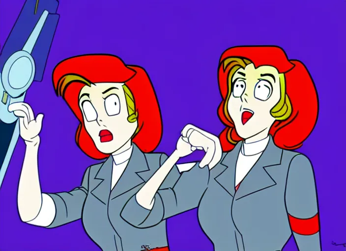 Image similar to dana scully on the real ghostbusters, shaded animation cel, anime, sharp detail, animation cel, thin linework, in the style of don bluth, bruce timm, studio trigger, 5 k, hd