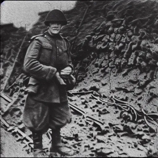 Image similar to Still image of Jerma985 in the trenches of world war one, old black and white war photograph, film grain